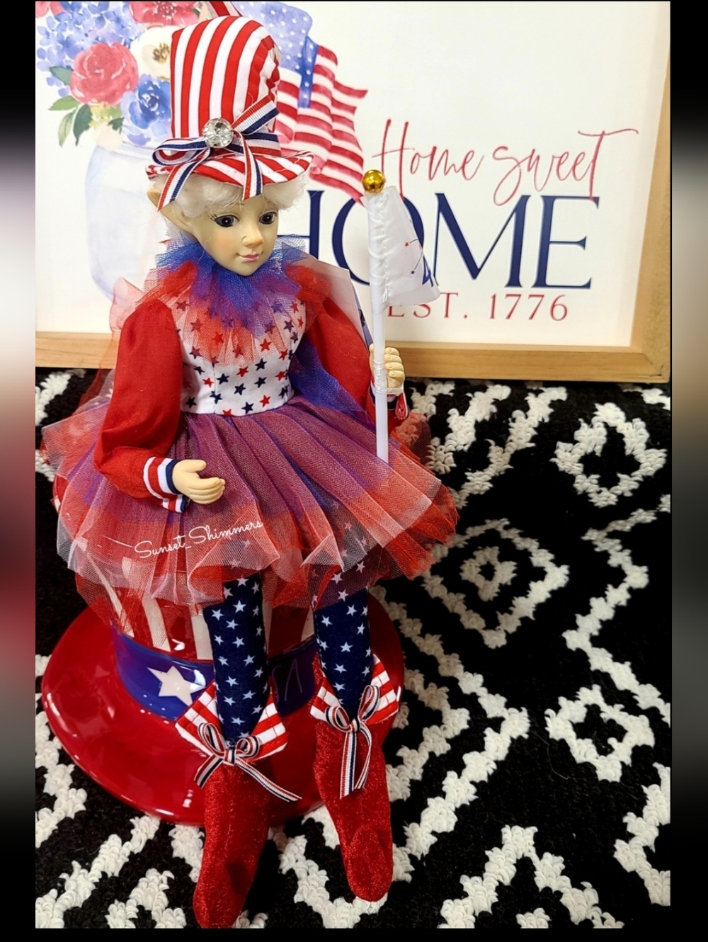 July 4th Patriotic Red White Blue Elf Fairy Doll Shelf Sitter 16" Americana New - Picture 3 of 5